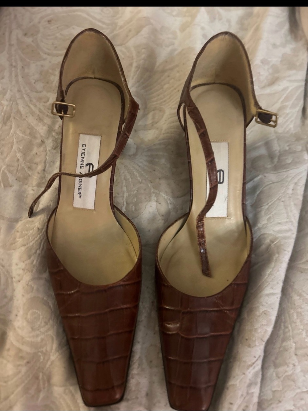 Etienne Aigner Brown Croc-Embossed Heels